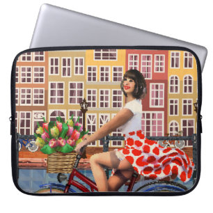 Housse Pour Ordinateur Portable Poster d'Amsterdam : Pin-Up Girl Cycling.
