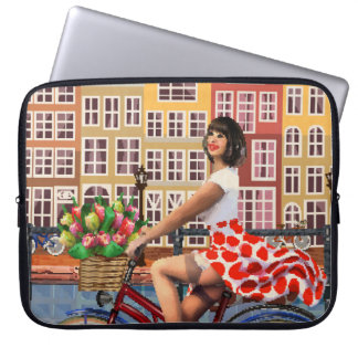 Housse Pour Ordinateur Portable Poster d'Amsterdam : Pin-Up Girl Cycling.