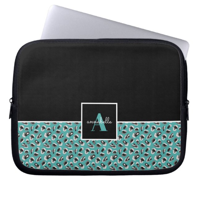 Housse Pour Ordinateur Portable Poster de animal Monogram Black & Aqua Leopard (Devant)