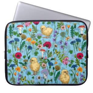 Housse Pour Ordinateur Portable Poulets et fleurs sauvages sur le bleu bébé