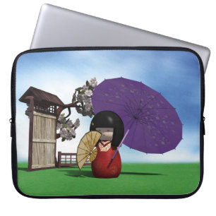Housse Pour Ordinateur Portable Poupée Kokeshi Japonaise Art Fleur de Cerisier