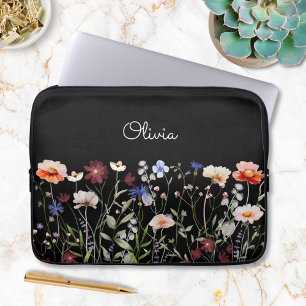 Housse Pour Ordinateur Portable Pré à fleurs sauvages coloré à aquarelle avec mono