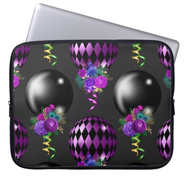 HOUSSE POUR ORDINATEUR PORTABLE PURPLE & BLACK MARDI GRAS BALLONS & BOUQUETS (Devant)