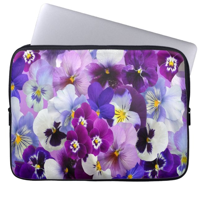 Housse Pour Ordinateur Portable Purple Bleu Blanc Pansy Fleurs Florales (Devant)
