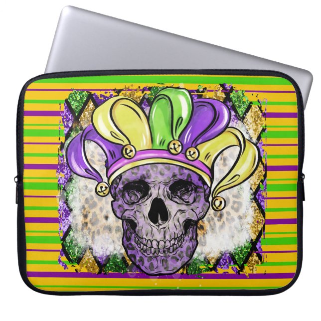 HOUSSE POUR ORDINATEUR PORTABLE PURPLE VERT GOLD STRIPES & PURPLE SKULL (Devant)