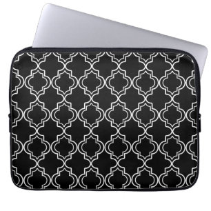 Housse Pour Ordinateur Portable Quatrefoil marocain noir et blanc