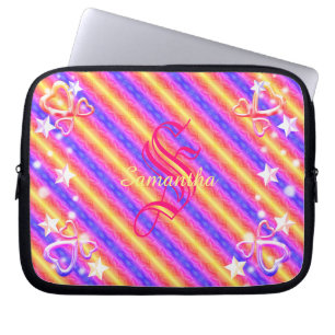 Housse Pour Ordinateur Portable Rainbow Stripe Monogramme Nom Sparkle Hearts Girly