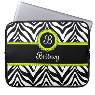 Housse Pour Ordinateur Portable Rayures de zèbre et dentelle vert lime Monogramme