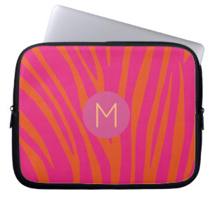 Housse Pour Ordinateur Portable Rayures de zèbre rose et orange Monogramme moderne