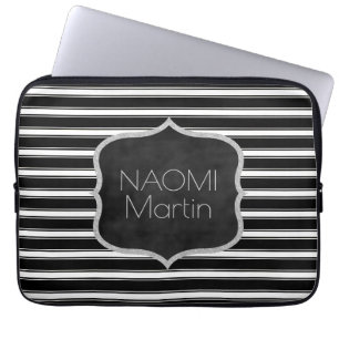 Housse Pour Ordinateur Portable Rayures noires du monogramme   et blanches chics