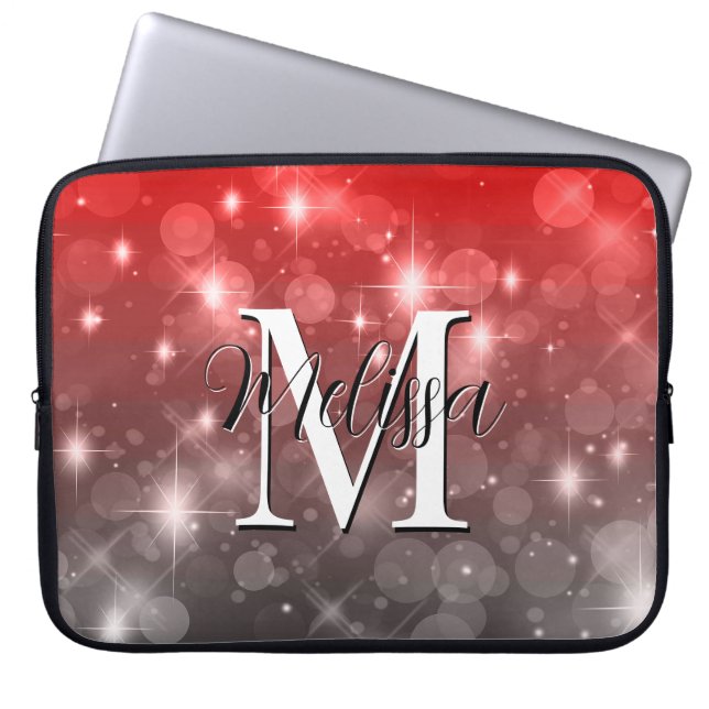 Housse Pour Ordinateur Portable Red & Grey Bokeh Moderne Monogramme Étincelle (Devant)