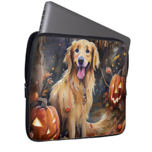 Housse Pour Ordinateur Portable Retriever doré Halloween avec citrouilles effrayan