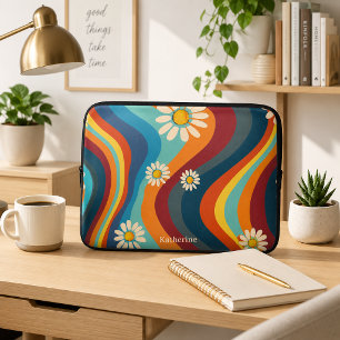 Housse Pour Ordinateur Portable Rétro Groovy Fleur de Daisy Arc-en-ciel des années