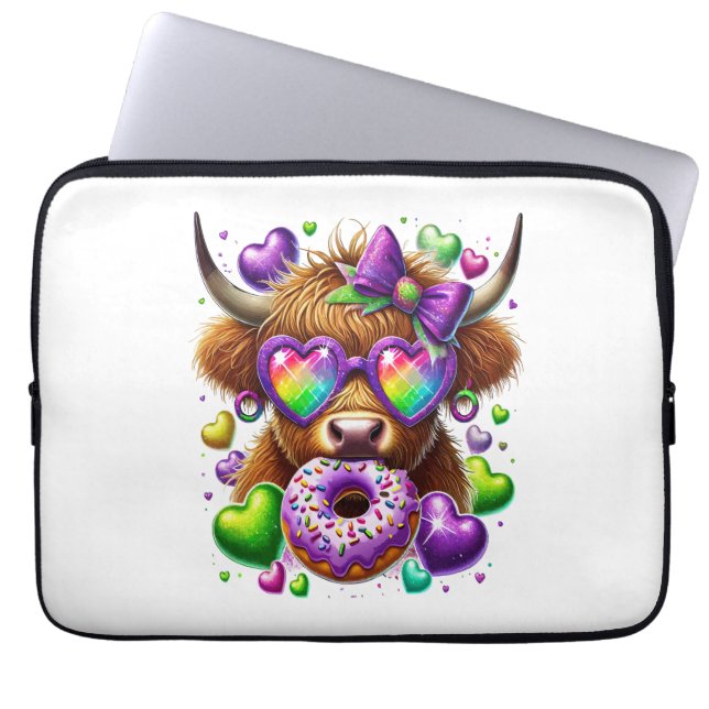 Housse Pour Ordinateur Portable Retro Mardi Gras, Vache des Highlands (Devant)