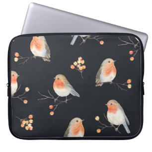 Housse Pour Ordinateur Portable Robins, baies de rowan, motif d'aquarelle d'hiver.
