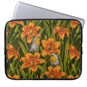 Housse Pour Ordinateur Portable Robins et fleurs de lys, orange et vert foncé