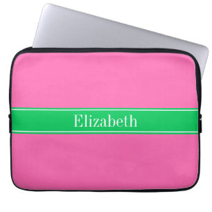 Housse Pour Ordinateur Portable Rose Chaud Uni #2 Vert Émeraude Ruban Nom Monogram