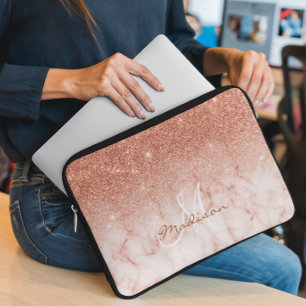Housse Pour Ordinateur Portable Rose Gold Glitter ombre marbre Monogramme