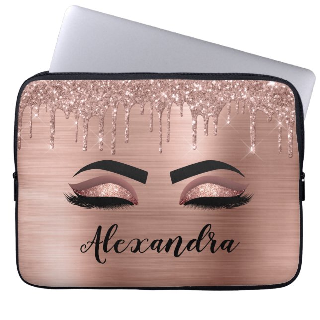 Housse Pour Ordinateur Portable Rose Gold Glitter Sparkle Eyelashes Monogram (Devant)