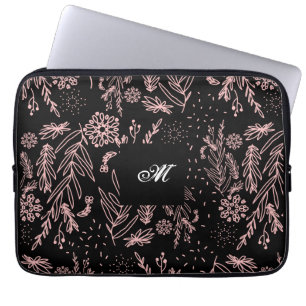 Housse Pour Ordinateur Portable Rose monogramme Gold Black Motif botanique