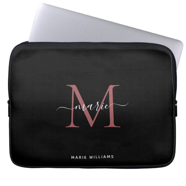 Housse Pour Ordinateur Portable Rose noir moderne Monogramme Nom du script Initial (Devant)