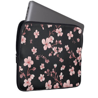Housse Pour Ordinateur Portable Rose Pâle Bébé Mini Motif Sakura sur Fond Noir - D