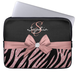 Housse Pour Ordinateur Portable Rose Parties scintillant or noir Zebra Stripes Bow