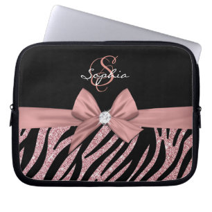 Housse Pour Ordinateur Portable Rose Parties scintillant or noir Zebra Stripes Bow