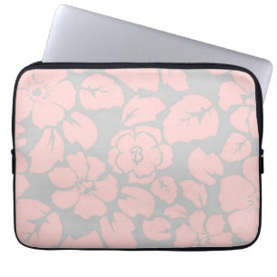 Housse Pour Ordinateur Portable Rose pastel et monogramme floral gris