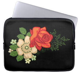 Housse Pour Ordinateur Portable Rose rouge et marguerites sur fond noir