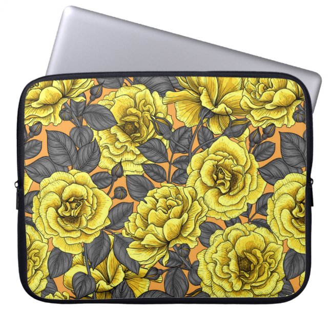 Housse Pour Ordinateur Portable Roses jaunes avec feuilles gris sur orange (Devant)