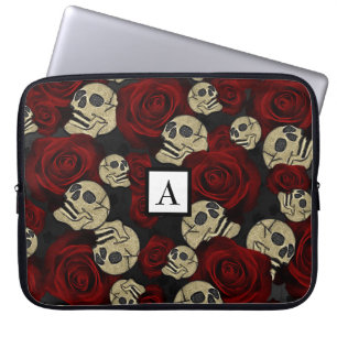 Housse Pour Ordinateur Portable Roses Rouges & Crânes Floral Gothique Gris Noir