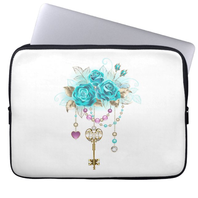 Housse Pour Ordinateur Portable Roses turquoise avec touches (Devant)