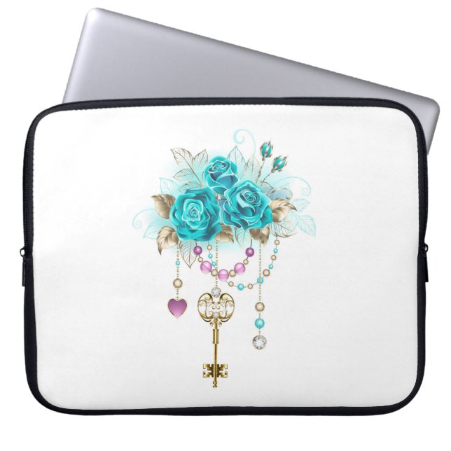 Housse Pour Ordinateur Portable Roses turquoise avec touches (Devant)