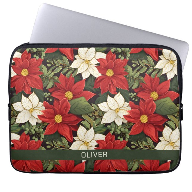 Housse Pour Ordinateur Portable Rouge Blanc Vert Poinsettia Fleurs Nom du Motif (Devant)