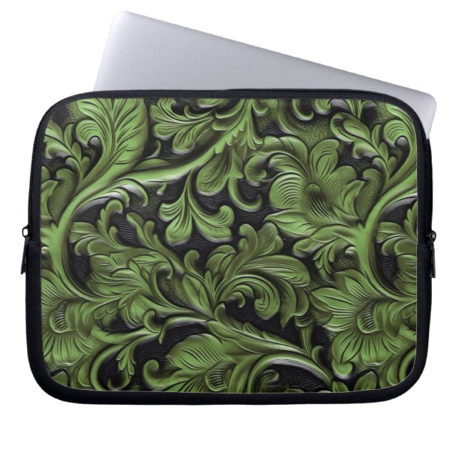 Housse Pour Ordinateur Portable Rustic green tooled leather  (Devant)