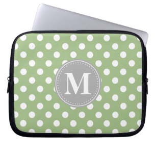 Housse Pour Ordinateur Portable Sage vert et blanc Pois gris Monogramme