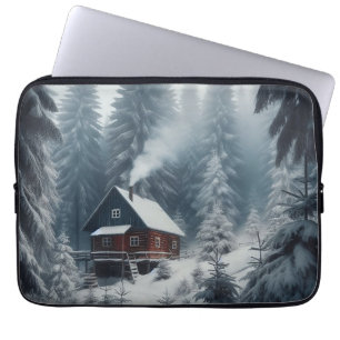 Housse Pour Ordinateur Portable Scène de cabane hivernale avec neige et pins