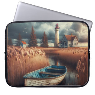 Housse Pour Ordinateur Portable Sérénité côtière : Phare et bateau à moteur