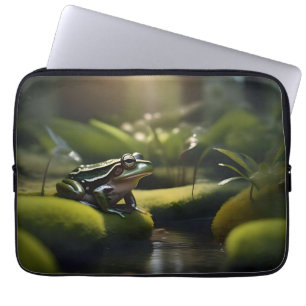 Housse Pour Ordinateur Portable Sérénité d'émeraude : Une grenouille verte au bord