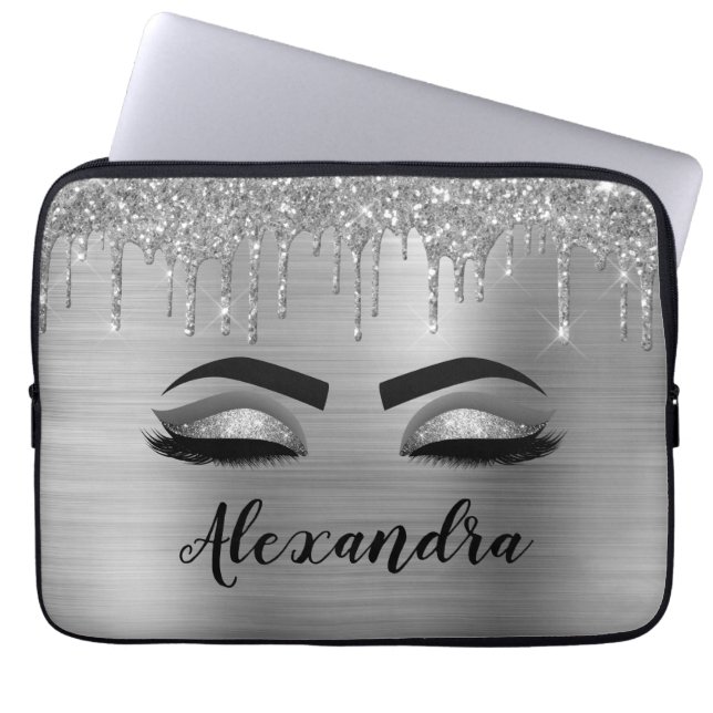 Housse Pour Ordinateur Portable Silver Glitter Sparkle Eyelashes Monogram (Devant)