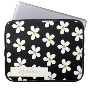 Housse Pour Ordinateur Portable Simple noir blanc marguerite Motif or personnel