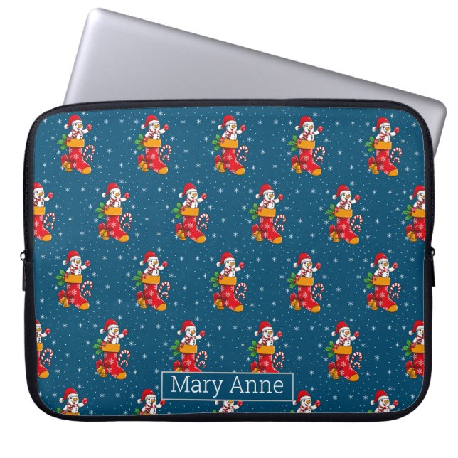 Housse Pour Ordinateur Portable Snowman Snowflakes Motif de Noël Bleu (Devant)