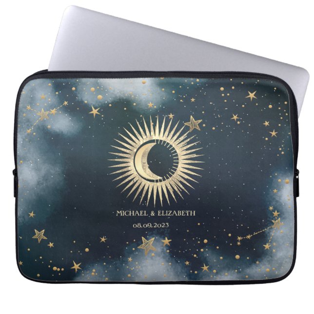 Housse Pour Ordinateur Portable Soleil d'or céleste, Lune, Ciel nocturne étoilé (Devant)