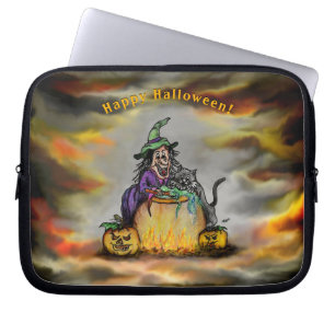 Housse Pour Ordinateur Portable Sorcière et chat noir, Happy Halloween !