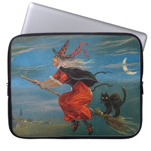Housse Pour Ordinateur Portable Sorcière volant avec chat noir la nuit d'Halloween