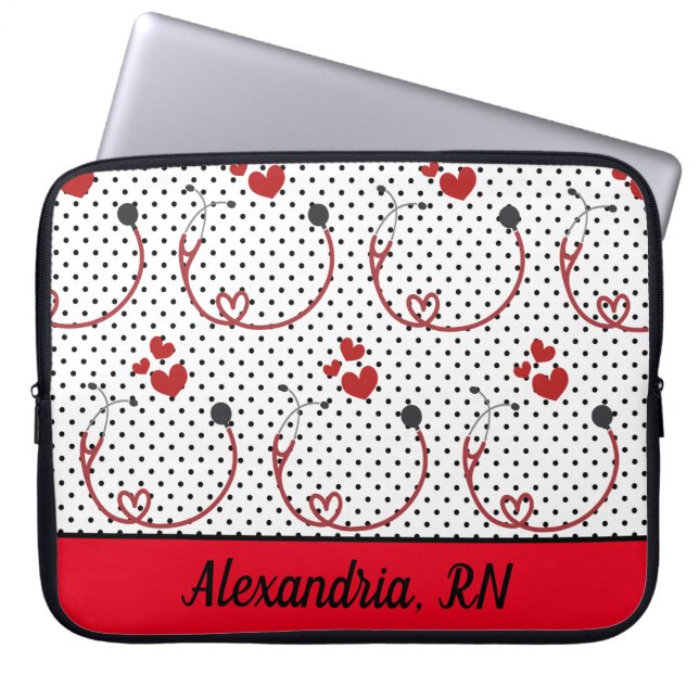 Housse Pour Ordinateur Portable Stéthoscopes, Coeurs et Signature Pois (Devant)