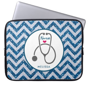 Housse Pour Ordinateur Portable Stylish Grey Nuring Stethoscope sur Blue Chevron