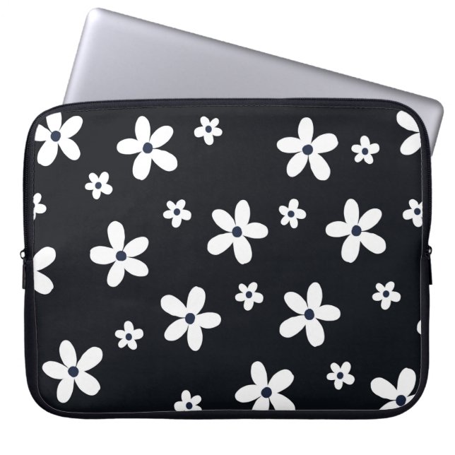 Housse Pour Ordinateur Portable Summer Boho Black White Daisy Flowers (Devant)