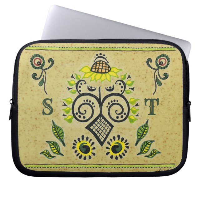 Housse Pour Ordinateur Portable Sunflower Folk Motif et vos initiales (Devant)